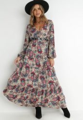 Beżowa Sukienka Anastolea. Brązowe sukienki damskie Born2be, l, z aplikacjami, boho, bez kołnierzyka, bez ramiączek, maxi, kopertowe. W wyprzedaży za 79.99 zł.