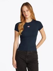 TOMMY JEANS Koszulka w kolorze granatowym rozmiar: L. Niebieskie bluzki damskie Tommy Jeans, l, bez wzorów, z jeansu, bez kołnierzyka, bez ramiączek. Za 92.42 zł.