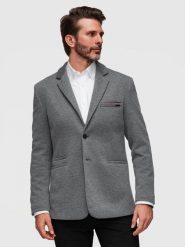 Dzianinowa męska marynarka o dopasowany kroju SLIM FIT - jasnoszara V2 - Rozmiar: XL. Szare marynarki męskie Ombre Clothing, bez wzorów, z bawełny. W wyprzedaży za 284.99 zł.