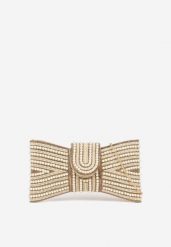 Złota Wieczorowa Torebka Vices w Kształcie Kokardy z Odpinanym Łańcuszkiem Istte. Żółte torebki wieczorowe Renee, bez wzorów, z satyny, eleganckie, bez kołnierzyka, bez ramiączek. Za 79.99 zł.