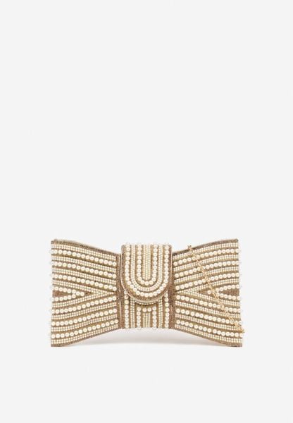 Złota Wieczorowa Torebka Vices w Kształcie Kokardy z Odpinanym Łańcuszkiem Istte. Żółte torebki klasyczne damskie Renee, bez wzorów, z satyny, bez dodatków. Za 64.99 zł.