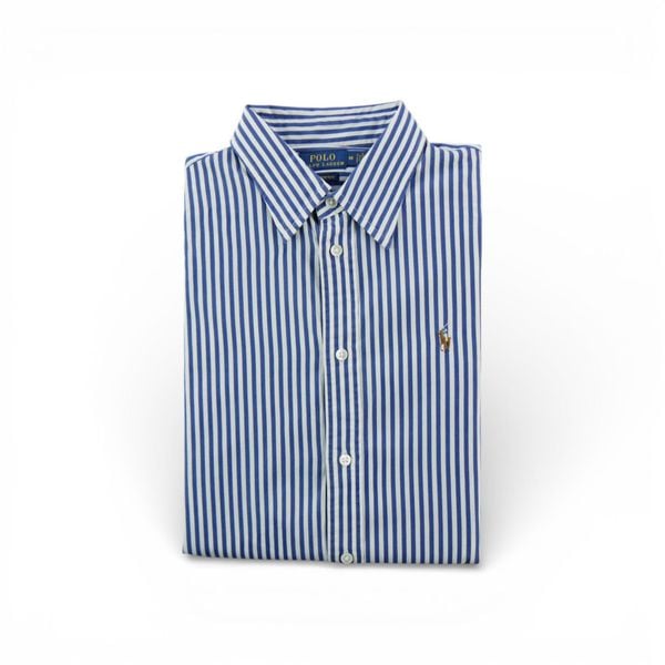 Klasyczna damska koszula w paski. Niebieskie koszule damskie Ralph Lauren, bez wzorów, klasyczne, bez kołnierzyka, bez ramiączek. Za 170.36 zł.