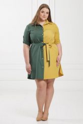 Wyjątkowa dwukolorowa sukienka Cindy oliwkowo-żółta rękaw 3/4PLUS SIZE. Zielone sukienki damskie Moda Size Plus Iwanek, na co dzień, plus size, bez wzorów, z elastanu, eleganckie, bez kołnierzyka, plus size, bez ramiączek, mini. Za 189.90 zł.