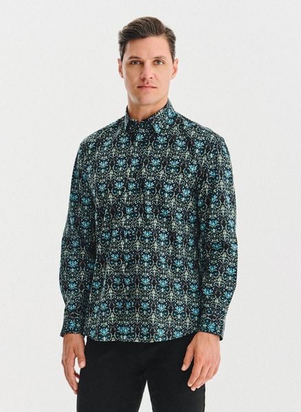 PAKO LORENTE - Czarna koszula w turkusowe kwiaty. Czarne koszule męskie Pako Lorente, xxl, bez wzorów, z bawełny, bez kołnierzyka, bez ramiączek. Za 99.99 zł.