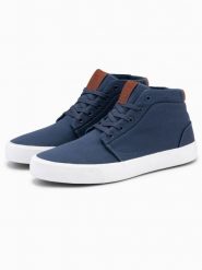 Męskie wysokie buty trampki z bawełnianego płótna – ciemnoniebieskie V1 OM-FOTH-0156 - 46. Niebieskie trampki i tenisówki męskie Ombre Clothing, bez wzorów, z bawełny, przed kolano, bez zapięcia. W wyprzedaży za 109.99 zł.