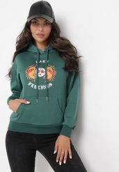 Ciemnozielona Bluza z Kolorowym Nadrukiem i Kapturem Kimna. Zielone bluzy z kapturem damskie Born2be, xl. Za 84.99 zł.