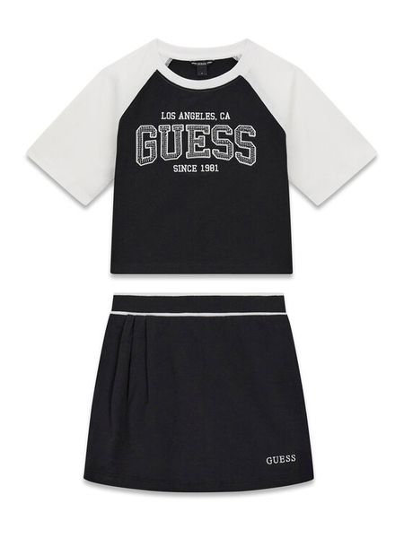 Guess Komplet t-shirt i spódniczka J6YG03 K3923 Czarny Regular Fit. Czarne koszulki dziewczęce Guess, z aplikacjami, z bawełny, bez ramiączek. Za 174.99 zł.