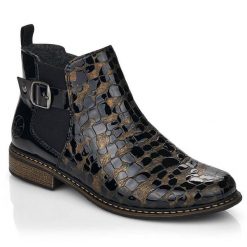 Skórzane sztyblety damskie lakierowane Rieker Z4965-90. Botki damskie Rieker, z lakierowanej skóry, bez obcasa, bez zapięcia. Za 379.00 zł.
