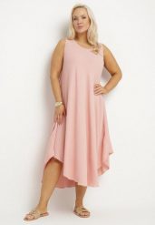 Różowa Rozkloszowana Sukienka z Bawełną Nairilo. Czerwone sukienki damskie Born2be, na spacer, na lato, xl, bez wzorów, z bawełny, eleganckie, bez kołnierzyka, bez ramiączek, midi, rozkloszowane. W wyprzedaży za 71.99 zł.