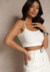 Biały Top na Ramiączkach z Prążkowanej Tkaniny z Wiskozą Zdobiony Kokardką Iffenia. Białe topy damskie Renee, z aplikacjami, prążkowane, bez kołnierzyka. Za 39.99 zł.