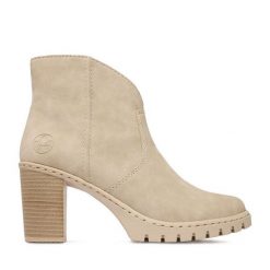 Botki Rieker. Brązowe botki damskie Rieker, bez obcasa, na słupku, bez zapięcia. Za 329.99 zł.