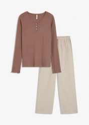 Piżama: bluza z prążkowanej dzianiny i spodnie z tkaniny. Brązowe bluzy bez kaptura damskie bonprix, z dzianiny. Za 129.99 zł.