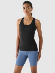 4F Top slim treningowy damski - czarny L. Czarne topy damskie 4f, l, bez wzorów, z dzianiny, bez ramiączek. Za 69.99 zł.