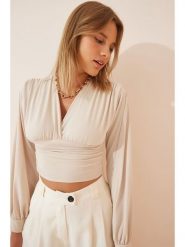 Happiness Istanbul Bluzka w kolorze kremowym rozmiar: 40. Brązowe bluzki damskie Happiness Istanbul, bez wzorów, bez kołnierzyka, bez ramiączek. Za 60.99 zł.