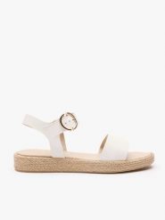 Białe sandały na sprzączkę. Białe sandały damskie Ryłko, bez wzorów, z syntetyku, bez obcasa, na obcasie. Za 279.99 zł.