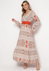 Jasnobeżowa Sukienka Rozkloszowana z Paskiem Nazene. Brązowe sukienki damskie Born2be, l, bez wzorów, z materiału, boho, bez kołnierzyka, bez ramiączek, maxi, kopertowe. W wyprzedaży za 127.99 zł.