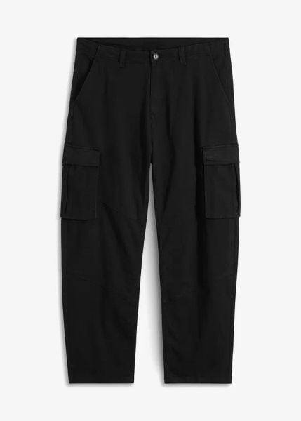 Spodnie bojówki, loose fit, z grubej bawełny ze stretchem, straight. Czarne spodnie materiałowe męskie bonprix, bez wzorów, z bawełny. Za 149.99 zł.