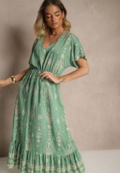Zielona Rozkloszowana Sukienka z Falbanką w Print Boho z Wiskozą Tunova. Zielone sukienki damskie Renee, na co dzień, l, bez wzorów, z wiskozy, boho, bez kołnierzyka, bez ramiączek, maxi, rozkloszowane. W wyprzedaży za 79.99 zł.