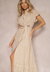 Beżowa Koszulowa Sukienka z Ażurowej Bawełny Wiązana w Talii Lulilena. Brązowe sukienki damskie Renee, na spacer, na lato, l, w ażurowe wzory, z bawełny, eleganckie, bez kołnierzyka, bez ramiączek, maxi, kopertowe. W wyprzedaży za 167.99 zł.