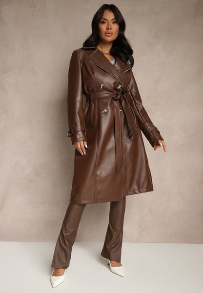 Brązowy Płaszcz Trencz z Ekoskóry o Dwurzędowym Kroju z Paskiem Nilianis. Brązowe płaszcze damskie Renee, l, bez wzorów, z bawełny, eleganckie. Za 209.99 zł.