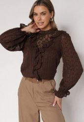 Brązowa Bluzka Zdobiona Koronką Falbankami i Metaliczną Nicią Feralea. Brązowe bluzki damskie Born2be, l, z aplikacjami, z jeansu, biznesowe, bez kołnierzyka, bez ramiączek. Za 109.99 zł.