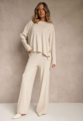 Jasnobeżowy Komplet z Dzianiny z Wiskozą Spodnie Wide Leg i Sweter ze Zdobieniami Miomea. Brązowe spodnie materiałowe damskie Renee, z aplikacjami, z dzianiny, eleganckie. Za 209.99 zł.