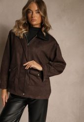 Brązowa Koszulowa Kurtka Barn Jacket z Imitacji Zamszu Ralasania. Brązowe kurtki damskie Renee, bez wzorów, z jeansu, bez kaptura. Za 159.99 zł.