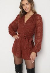 Brązowy Krótki Kombinezon z Siateczkowymi Rękawami i Wiązanym Paskiem Zenalea. Brązowe kombinezony damskie Born2be, l, bez wzorów, eleganckie, bez kołnierzyka, bez ramiączek, krótkie. Za 149.99 zł.