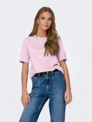 ONLY Koszulka w kolorze jasnoróżowym rozmiar: L. Różowe bluzki damskie Only, l, bez wzorów, z bawełny, bez kołnierzyka, bez ramiączek. Za 26.99 zł.