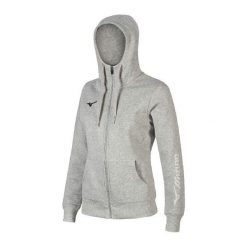 Damska bluza z kapturem Mizuno FZ. Szare bluzy sportowe damskie Mizuno, l, bez wzorów, z bawełny, bez ramiączek, z kapturem. Za 240.50 zł.