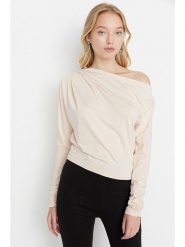 Trendyol Koszulka w kolorze kremowym rozmiar: L. Brązowe bluzki damskie Trendyol, l, bez wzorów, bez kołnierzyka, bez ramiączek. Za 52.99 zł.