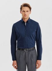 PAKO LORENTE – Granatowa koszula melanż. Koszule męskie Pako Lorente, l, bez wzorów, z bawełny, bez kołnierzyka, bez ramiączek. Za 199.99 zł.