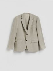 Marynarka regular z domieszką lnu - oliwkowy. Zielone marynarki męskie Reserved, bez wzorów, z tkaniny. Za 359.99 zł.