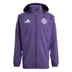 Kurtka dresowa zewnętrzna Manchester United 2025/26. Białe kurtki męskie Adidas, m, bez wzorów, z dresówki, sportowe, bez kaptura. W wyprzedaży za 296.50 zł.