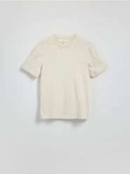 T-shirt regular z lnem - beżowy. Brązowe t-shirty męskie Reserved, l, bez wzorów, z dzianiny, bez kołnierzyka. W wyprzedaży za 89.99 zł.