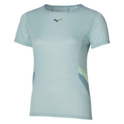 Koszulka damska Mizuno Dryaeroflow. Niebieskie bluzki damskie Mizuno, bez wzorów, sportowe, bez kołnierzyka, bez ramiączek. Za 129.99 zł.
