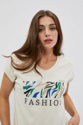 Bawełniany t-shirt z napisem piaskowy. T-shirty damskie MOODO, s, bez wzorów, z bawełny, bez kołnierzyka. W wyprzedaży za 29.99 zł.