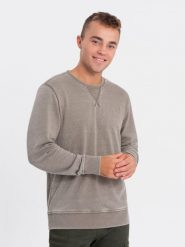 Washowana bluza męska z ozdobnym przeszyciem przy dekolcie - beżowa V2 OM-SSDS-0131 - XXL. Brązowe bluzy bez kaptura męskie Ombre Clothing, l, z bawełny. W wyprzedaży za 69.99 zł.