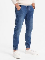 Spodnie męskie jeansowe joggery - jasnoniebieskie OM-PADJ-0106 - XL. Niebieskie spodnie materiałowe męskie Ombre Clothing, bez wzorów, z bawełny. W wyprzedaży za 89.99 zł.
