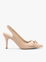Czółenka typu slingback z kokardką. Brązowe czółenka damskie Brawo sp. z o.o., bez wzorów, z gumy, bez obcasa, na szpilce. W wyprzedaży za 341.99 zł.