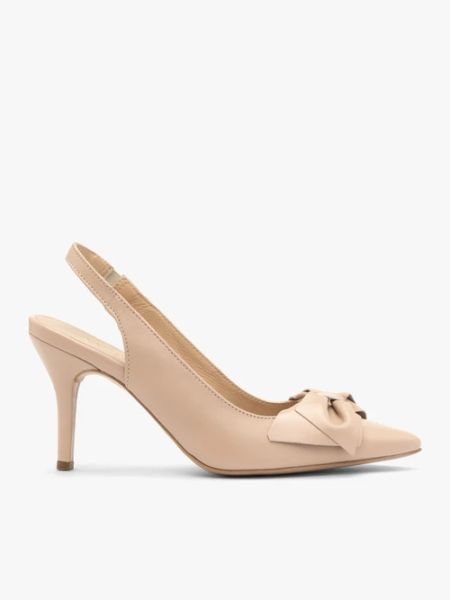Czółenka typu slingback z kokardką. Brązowe czółenka damskie Brawo sp. z o.o., bez wzorów, z gumy, bez obcasa, na szpilce. W wyprzedaży za 341.99 zł.