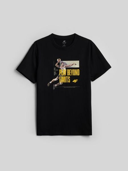 4F T-shirt regular z nadrukiem męski - czarny XXL. Czarne t-shirty męskie 4f, m, bez wzorów, z bawełny, bez kołnierzyka. Za 79.99 zł.