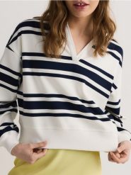Bluza w paski z kołnierzykiem - granatowy. Niebieskie bluzy bez kaptura damskie Reserved, l, z bawełny. W wyprzedaży za 59.99 zł.
