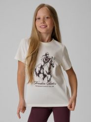 4F T-shirt regular z nadrukiem dziewczęcy - kremowy 152 (11-12 lat). Białe koszulki dziewczęce 4f, uniwersalny, bez wzorów, z bawełny, bez ramiączek. Za 49.99 zł.