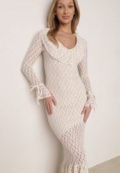 Beżowa Koktajlowa Sukienka Koronkowa z Dekoltem V i Falbanami Frevina. Brązowe sukienki damskie Born2be, na imprezę, l, bez wzorów, z koronki, klasyczne, bez kołnierzyka, bez ramiączek, maxi, kopertowe. Za 199.99 zł.