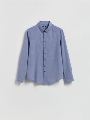 Koszula slim fit - granatowy. Niebieskie koszule męskie Reserved, l, bez wzorów, z tkaniny, bez kołnierzyka, bez ramiączek. Za 129.99 zł.