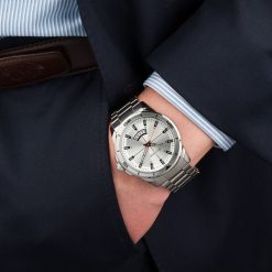Zegarek męski bransoleta duży solidny srebrny z datownikiem premium Beltimore BT03. Szare zegarki męskie srebrne. Za 149.99 zł.