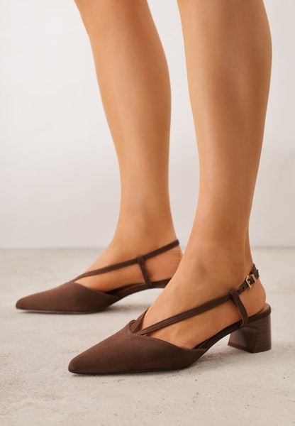 Brązowe Czółenka Slingback VICES z Imitacji Zamszu na Klockowym Obcasie Adophaia. Brązowe czółenka damskie Renee, bez wzorów, bez obcasa, na obcasie. Za 89.99 zł.
