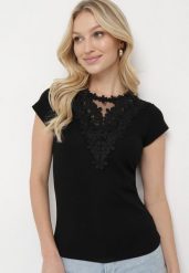 Czarny Bawełniany T-shirt z Koronkową Wstawką Thinara. Czarne t-shirty damskie Born2be, s, bez wzorów, z bawełny, bez kołnierzyka. Za 39.99 zł.