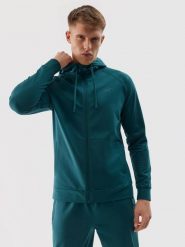 4F Bluza treningowa rozpinana z kapturem męska - turkusowa M. Niebieskie bluzy sportowe męskie 4f, bez wzorów, z dzianiny, sportowe, bez kołnierzyka, bez ramiączek. W wyprzedaży za 99.99 zł.